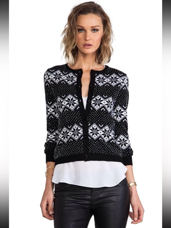 Alice + Olivia Sweaters - ALICE + OLIVIA SNOW JACQUARD AND BEADS CARDIGAN WOOL KNIT TOP SWEATER SIZE L
